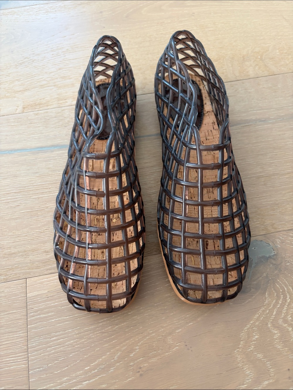 Woven Cage Slip-On Jelly Mules in Smoky Brown. Never Worn.